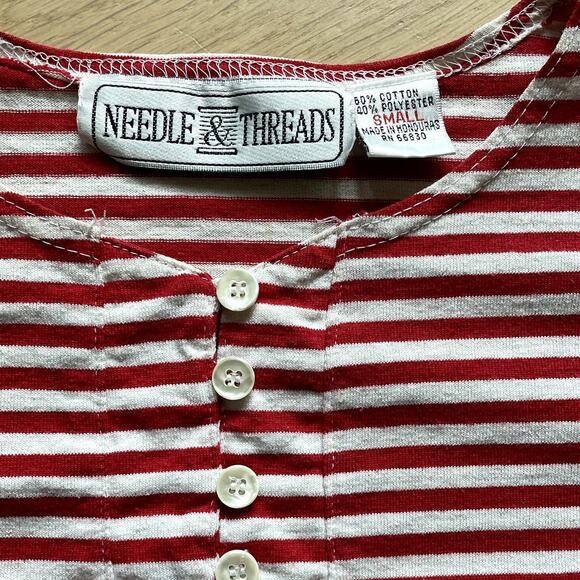 Vintage 90's Needle & Thread Striped Snap Neck Tee Women's Medium - Picture 3 of 5
